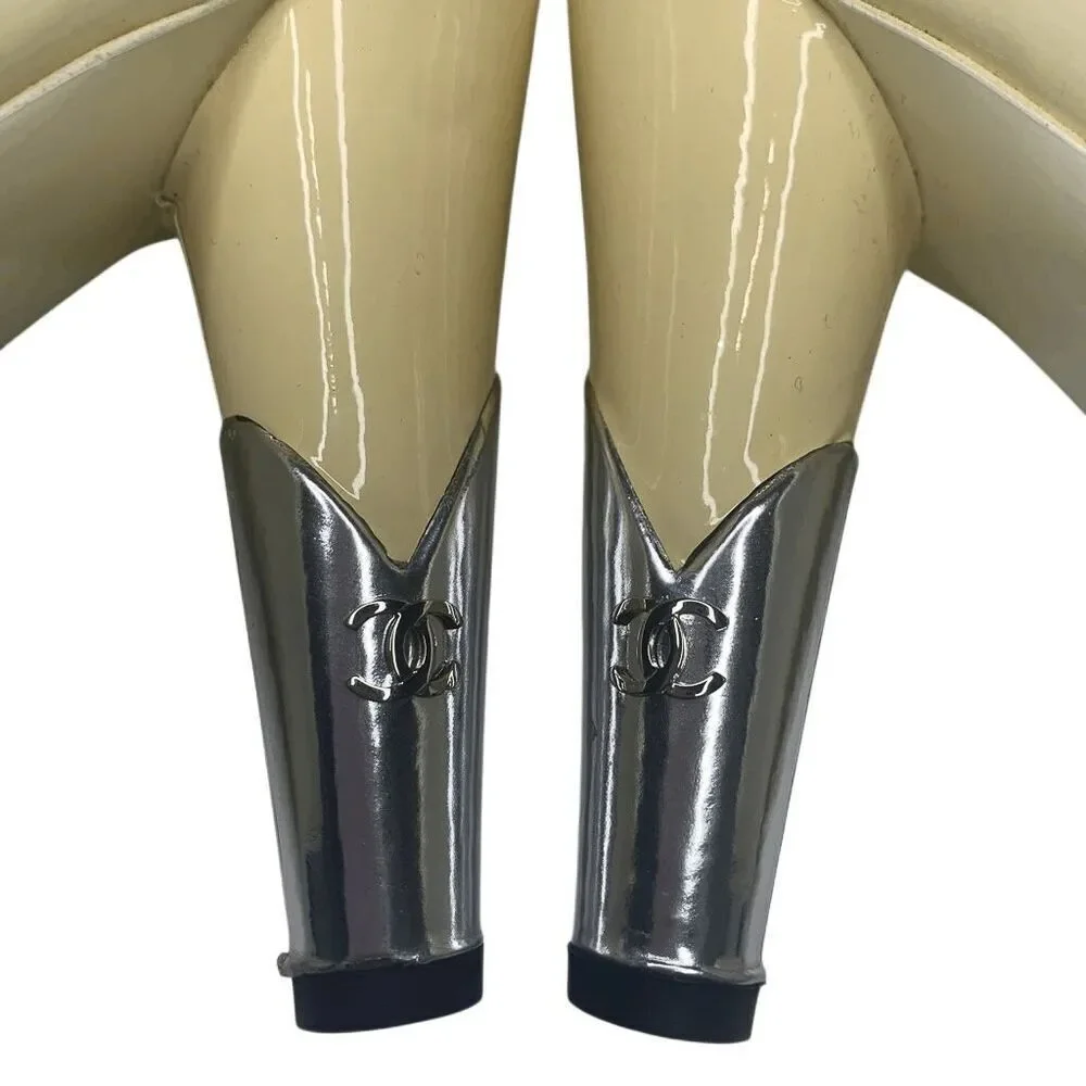 Chanel Interlocking CC Logo Peep Toe Patent Leather Heels EU 37.5 Yellow Pumps